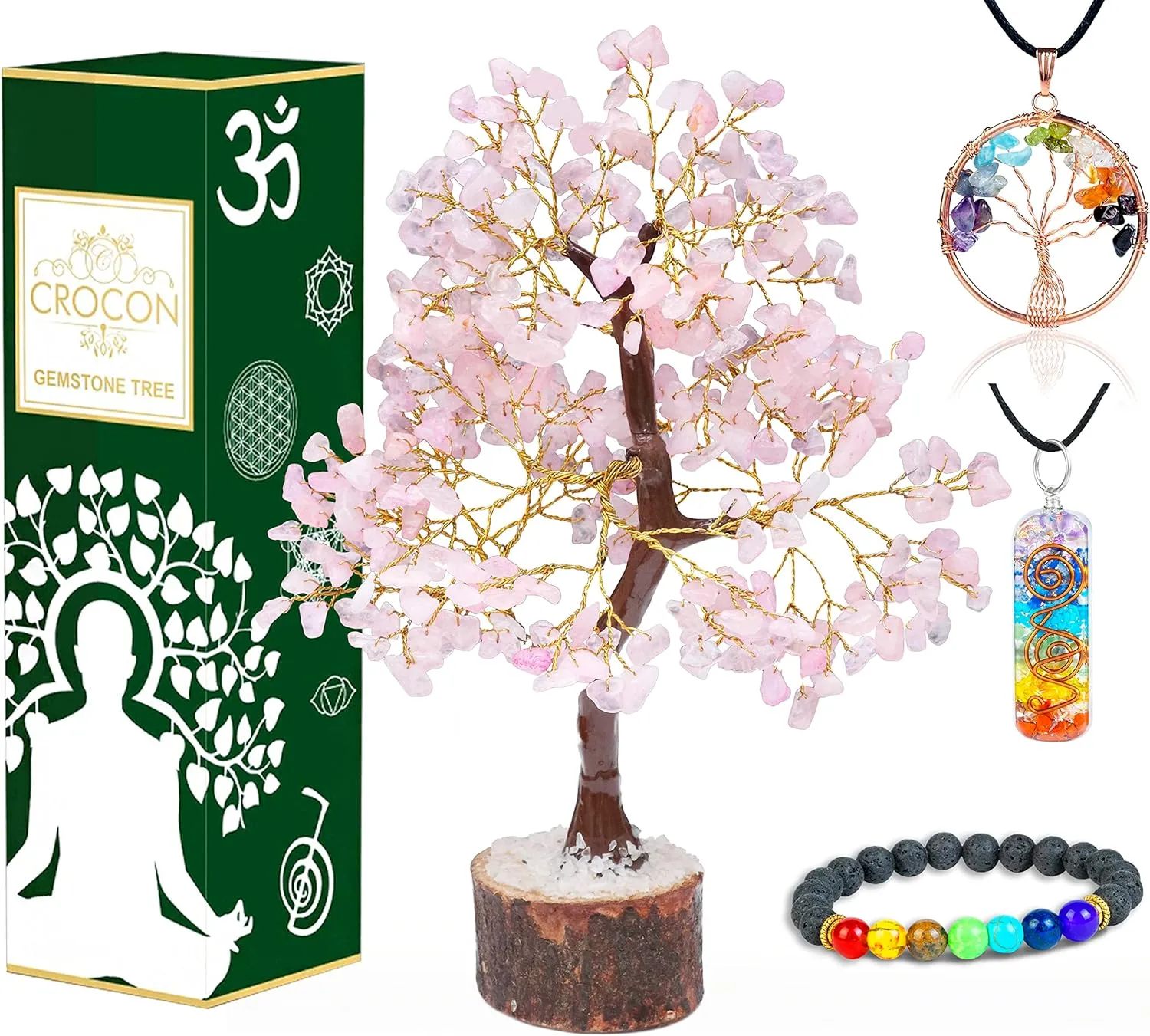 Rose Quartz Crystal Tree of Life with Bracelet & 2 Pendants Feng Shui Gem Tree Decor Healing Crystals Spiritual Pink Gifts for Cute Home Room & Desk Decor, Gifts for Women, Girlfriend, Her & Sister