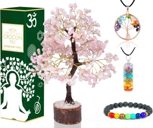 Rose Quartz Crystal Tree of Life with Bracelet & 2 Pendants Feng Shui Gem Tree Decor Healing Crystals Spiritual Pink Gifts for Cute Home Room & Desk Decor, Gifts for Women, Girlfriend, Her & Sister