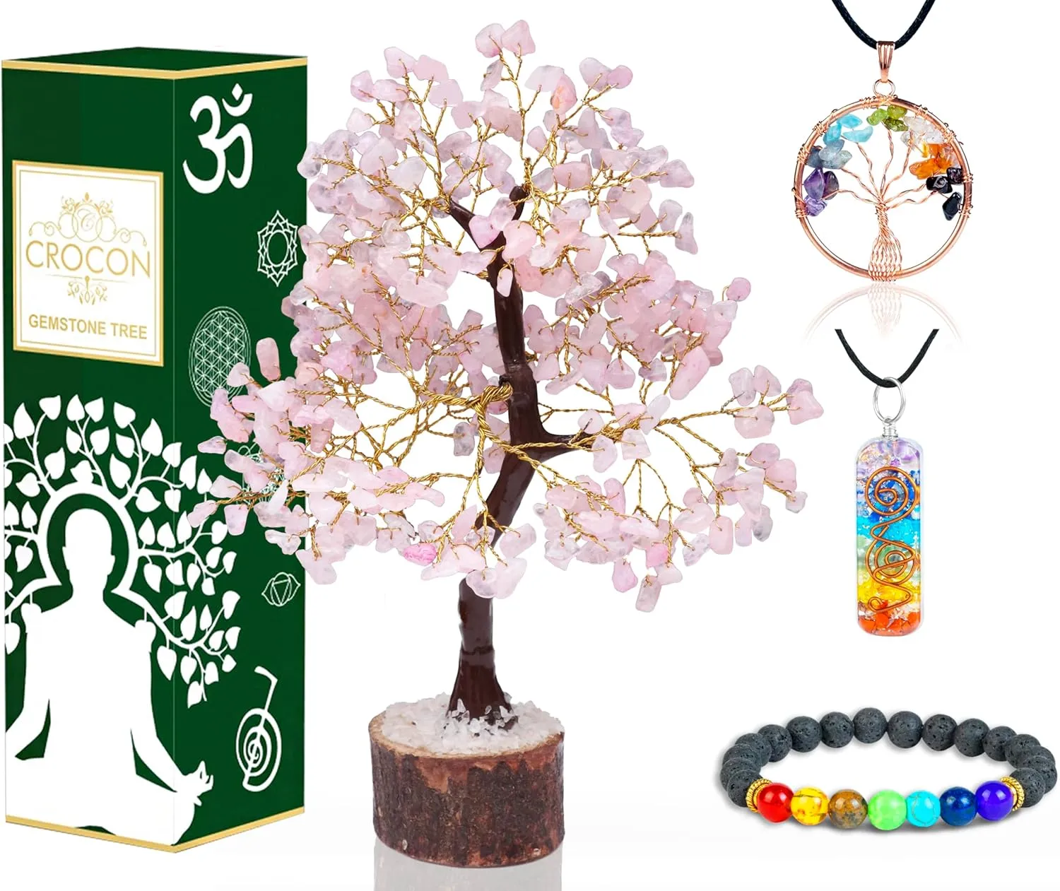 Rose Quartz Crystal Tree of Life with Bracelet & 2 Pendants Feng Shui Gem Tree Decor Healing Crystals Spiritual Pink Gifts for Cute Home Room & Desk Decor, Gifts for Women, Girlfriend, Her & Sister