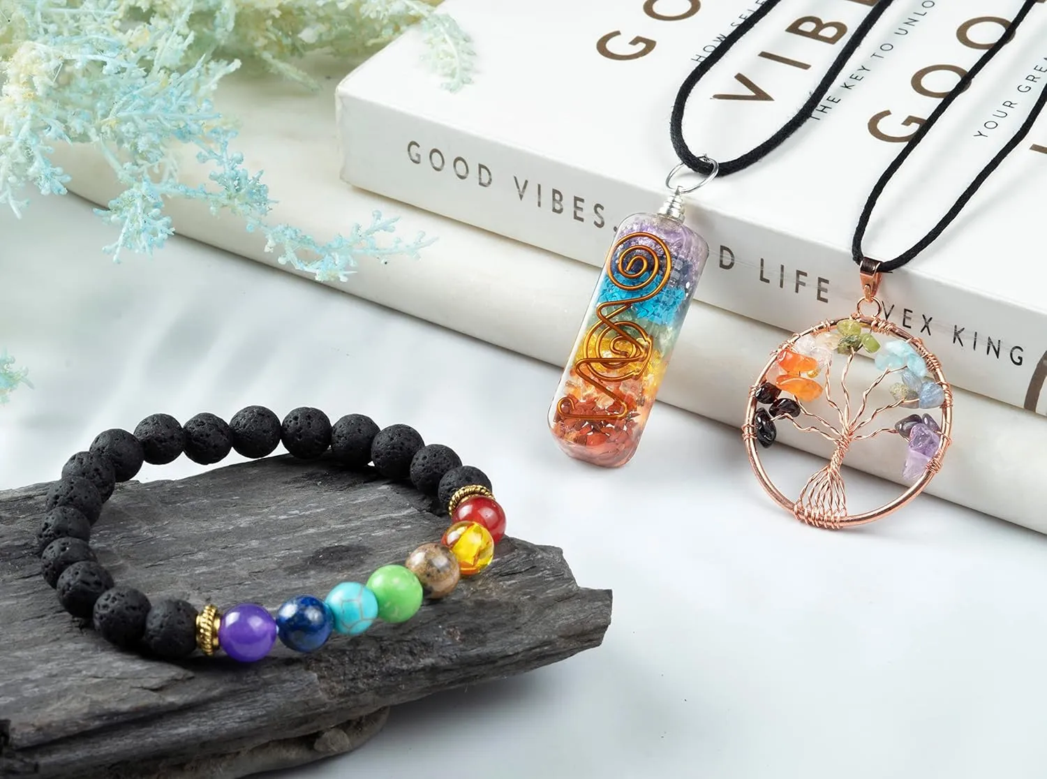 Rose Quartz Crystal Tree of Life with Bracelet & 2 Pendants Feng Shui Gem Tree Decor Healing Crystals Spiritual Pink Gifts for Cute Home Room & Desk Decor, Gifts for Women, Girlfriend, Her & Sister