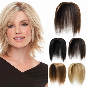 Rose bud Clip in Human Hair Topper Lace Base 12 Inch Medium Brown Hair Pieces with Bangs for Women Thick Hair