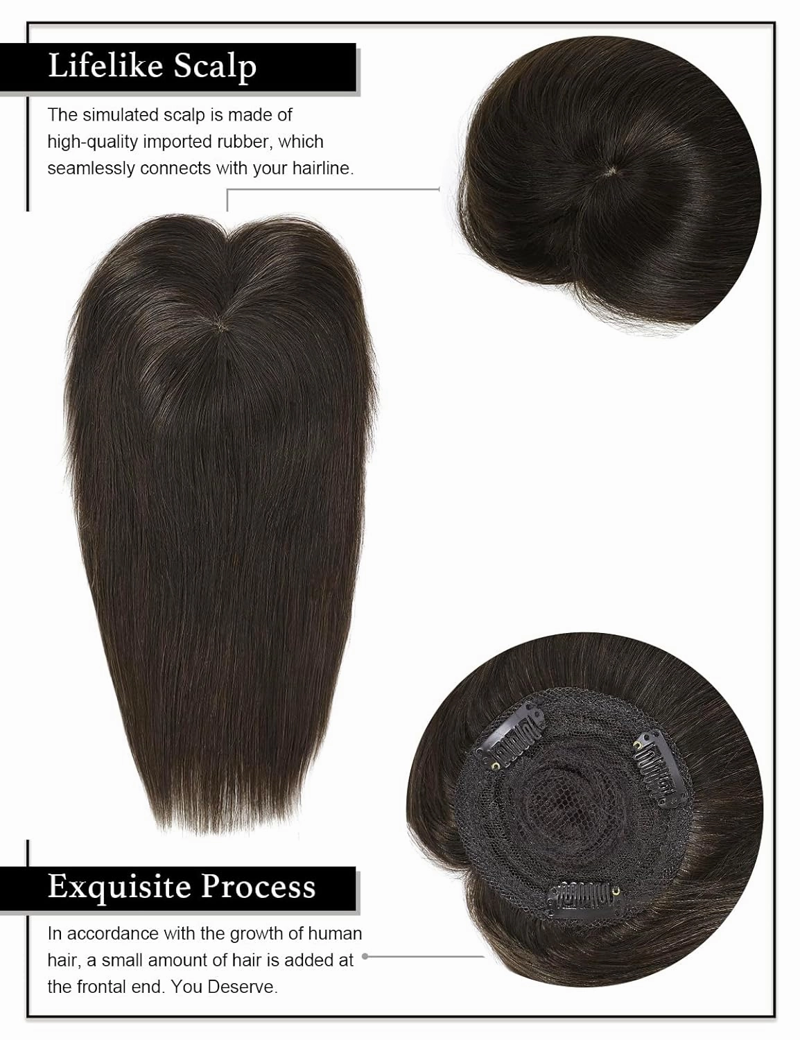 Rose bud Clip in Human Hair Topper Lace Base 12 Inch Medium Brown Hair Pieces with Bangs for Women Thick Hair