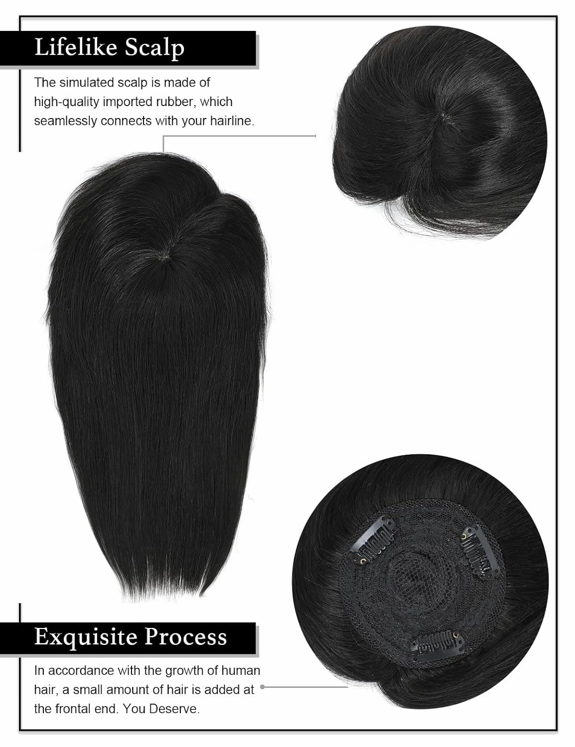 Rose bud Hair Toppers for Women Real HumanHair 16 Inch Natural Black 3D Cover Clip in Hair Pieces with Thinning Hair