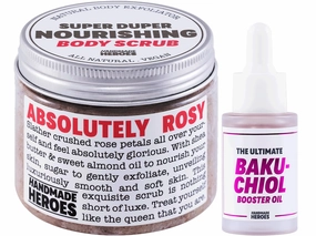 Rose Petal Scrub Foot & Body Exfoliator and Bakuchiol Face Oil Bundle - 100% Natural Vegan Skin Care by Handmade Heroes