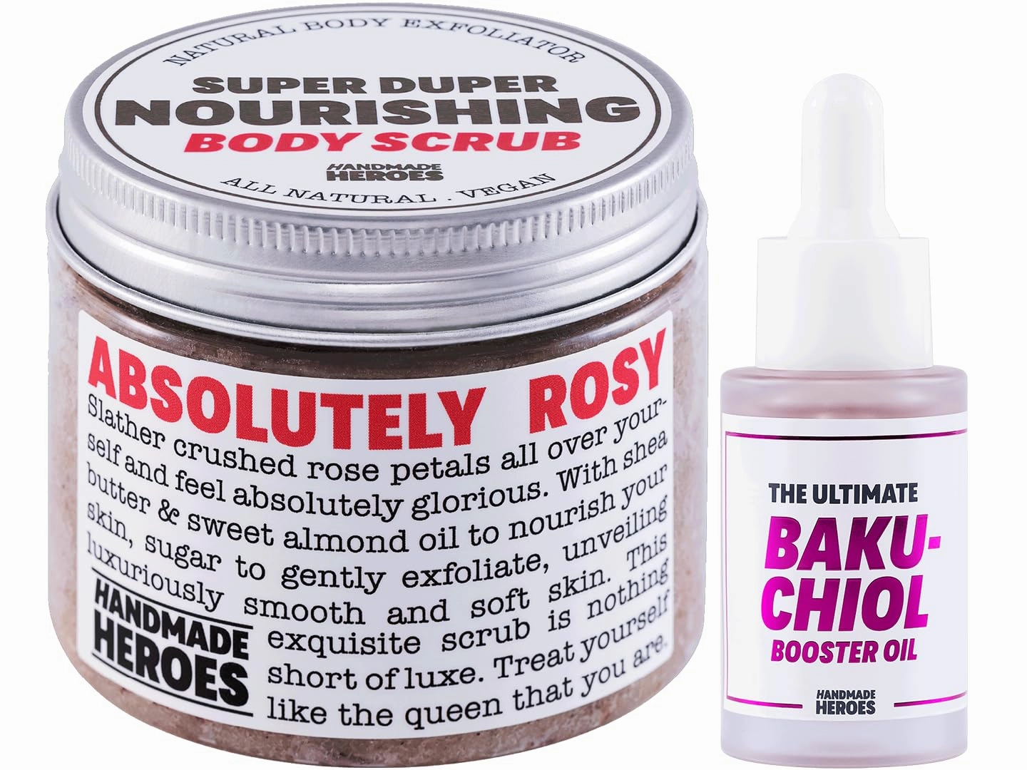 Rose Petal Scrub Foot & Body Exfoliator and Bakuchiol Face Oil Bundle - 100% Natural Vegan Skin Care by Handmade Heroes