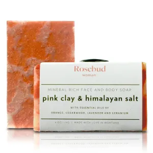 Rosebud Woman Mineral Rich Face and Body Soap - Exfoliating Bar with Pink Clay & Himalayan Salt - Gentle Cleansing & Moisturizing Bar with Earthy Semi-Sweet Floral Notes