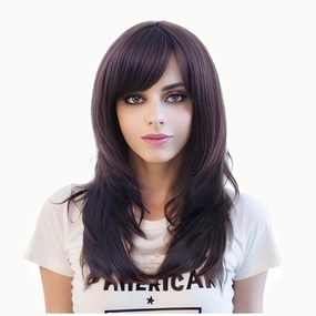 Rugelyss Dark Brown Long Wavy Wig with Bang,Chocolate Layered Synthetic Hair Wigs for Women with Side Parting