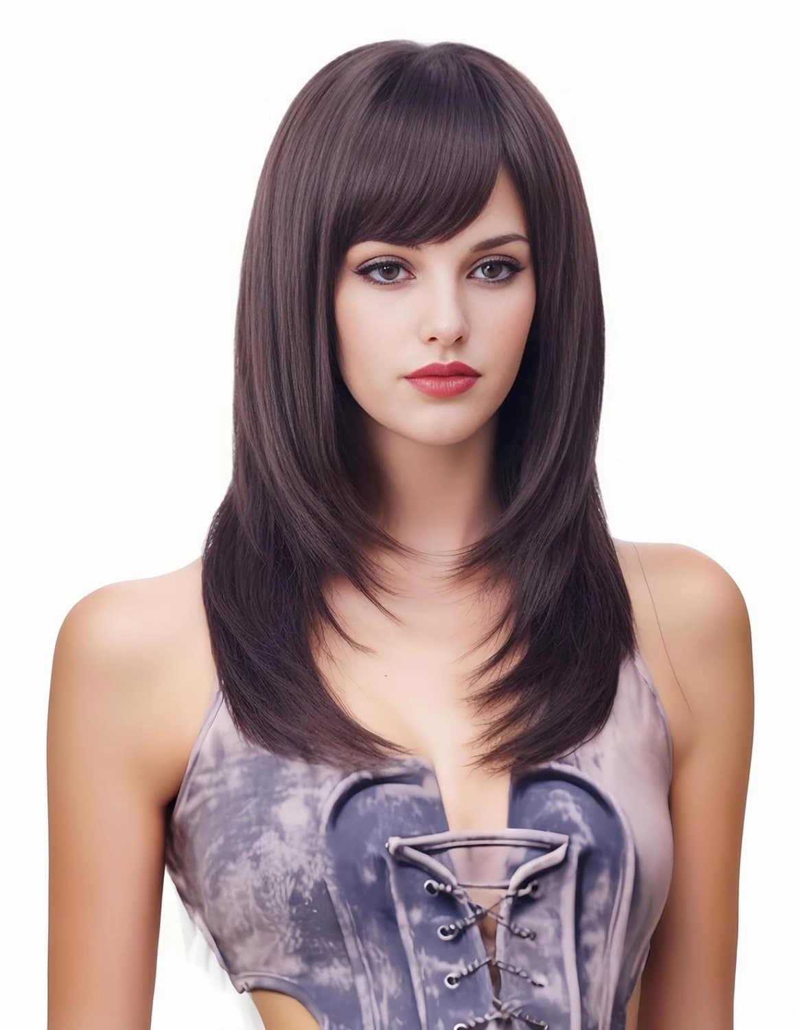 Rugelyss Dark Brown Long Wavy Wig with Bang,Chocolate Layered Synthetic Hair Wigs for Women with Side Parting