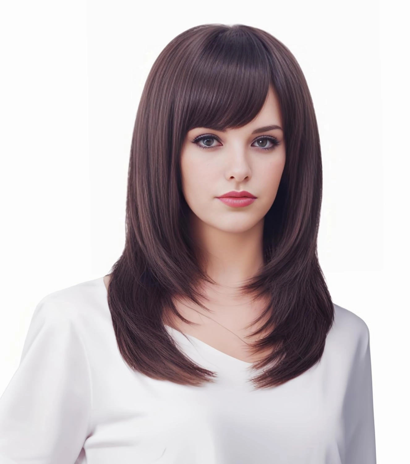 Rugelyss Dark Brown Long Wavy Wig with Bang,Chocolate Layered Synthetic Hair Wigs for Women with Side Parting