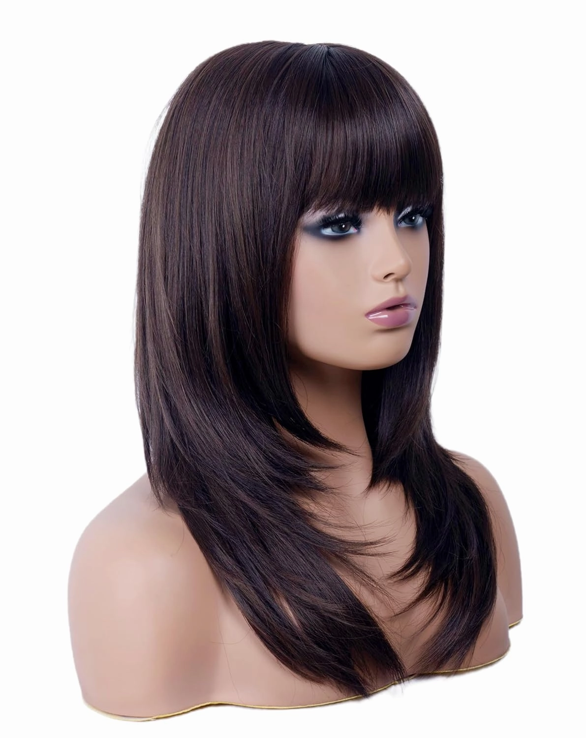 Rugelyss Dark Brown Long Wavy Wig with Bang,Chocolate Layered Synthetic Hair Wigs for Women with Side Parting