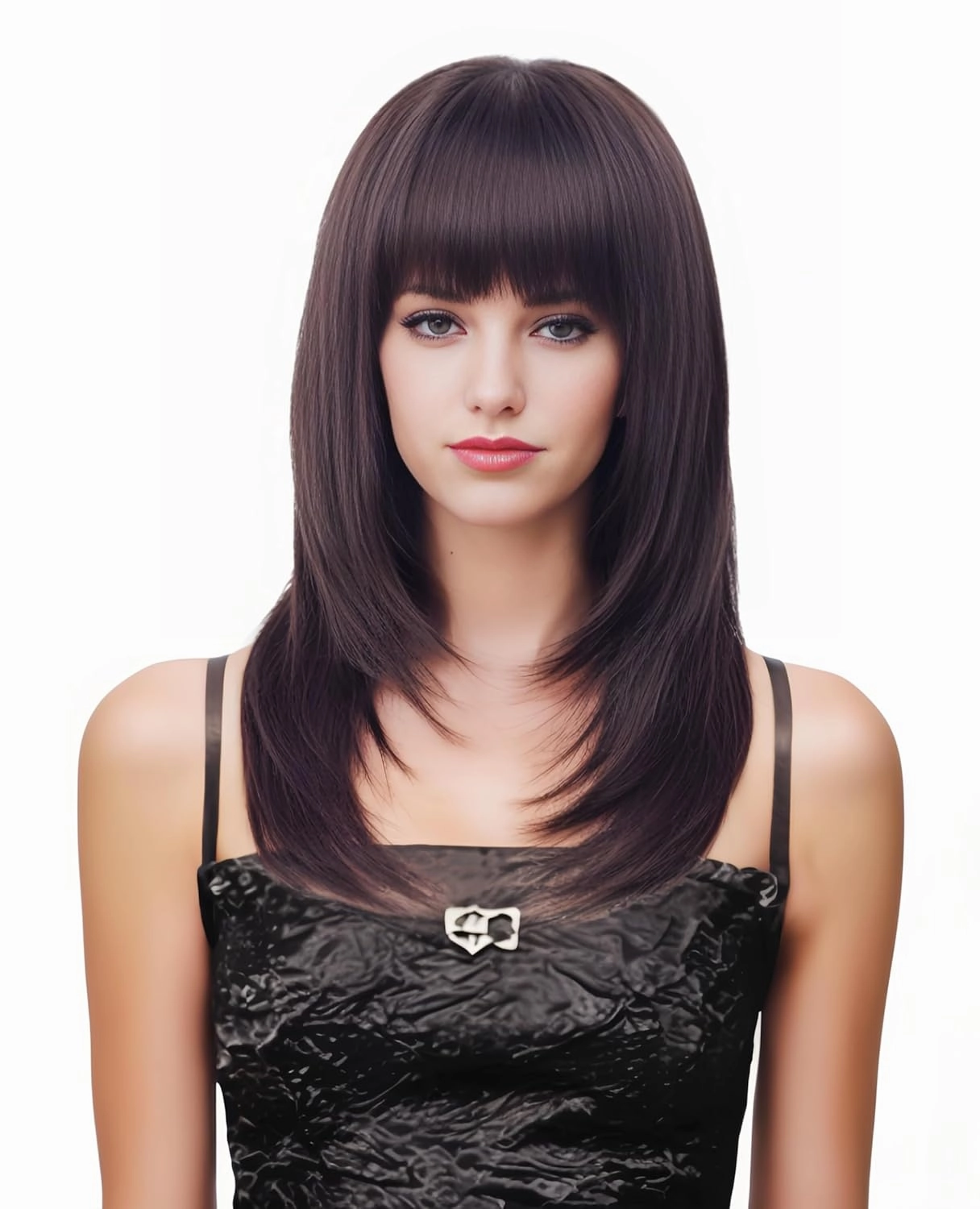 Rugelyss Dark Brown Long Wavy Wig with Bang,Chocolate Layered Synthetic Hair Wigs for Women with Side Parting