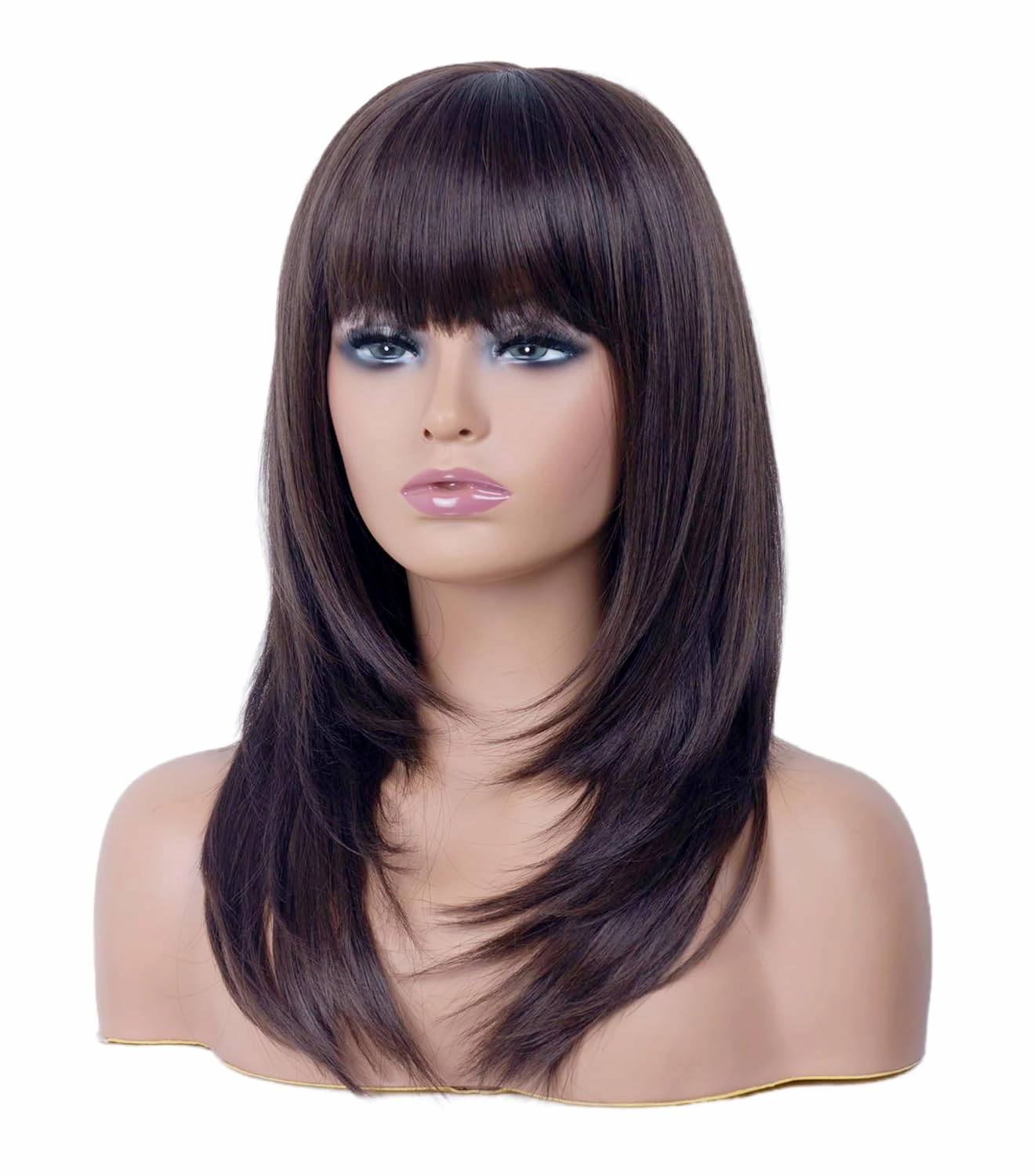 Rugelyss Dark Brown Long Wavy Wig with Bang,Chocolate Layered Synthetic Hair Wigs for Women with Side Parting