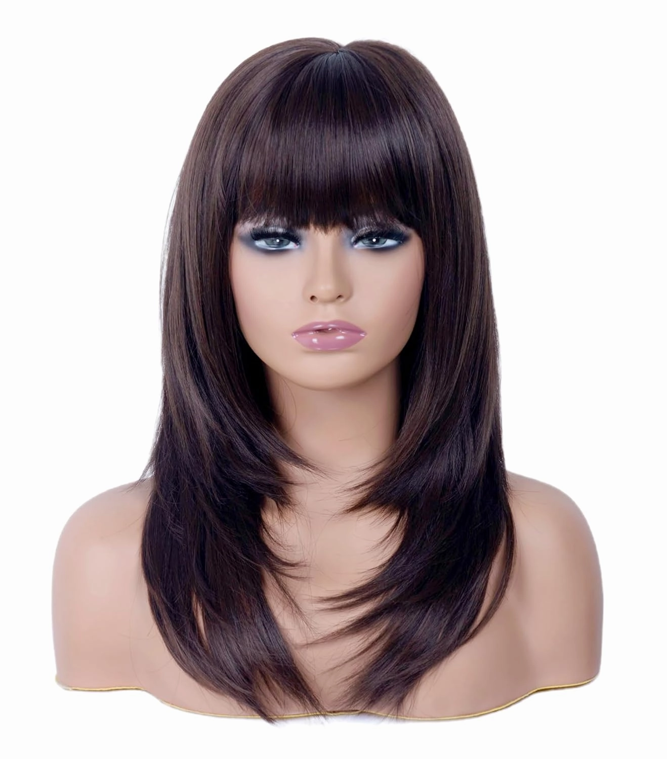 Rugelyss Dark Brown Long Wavy Wig with Bang,Chocolate Layered Synthetic Hair Wigs for Women with Side Parting