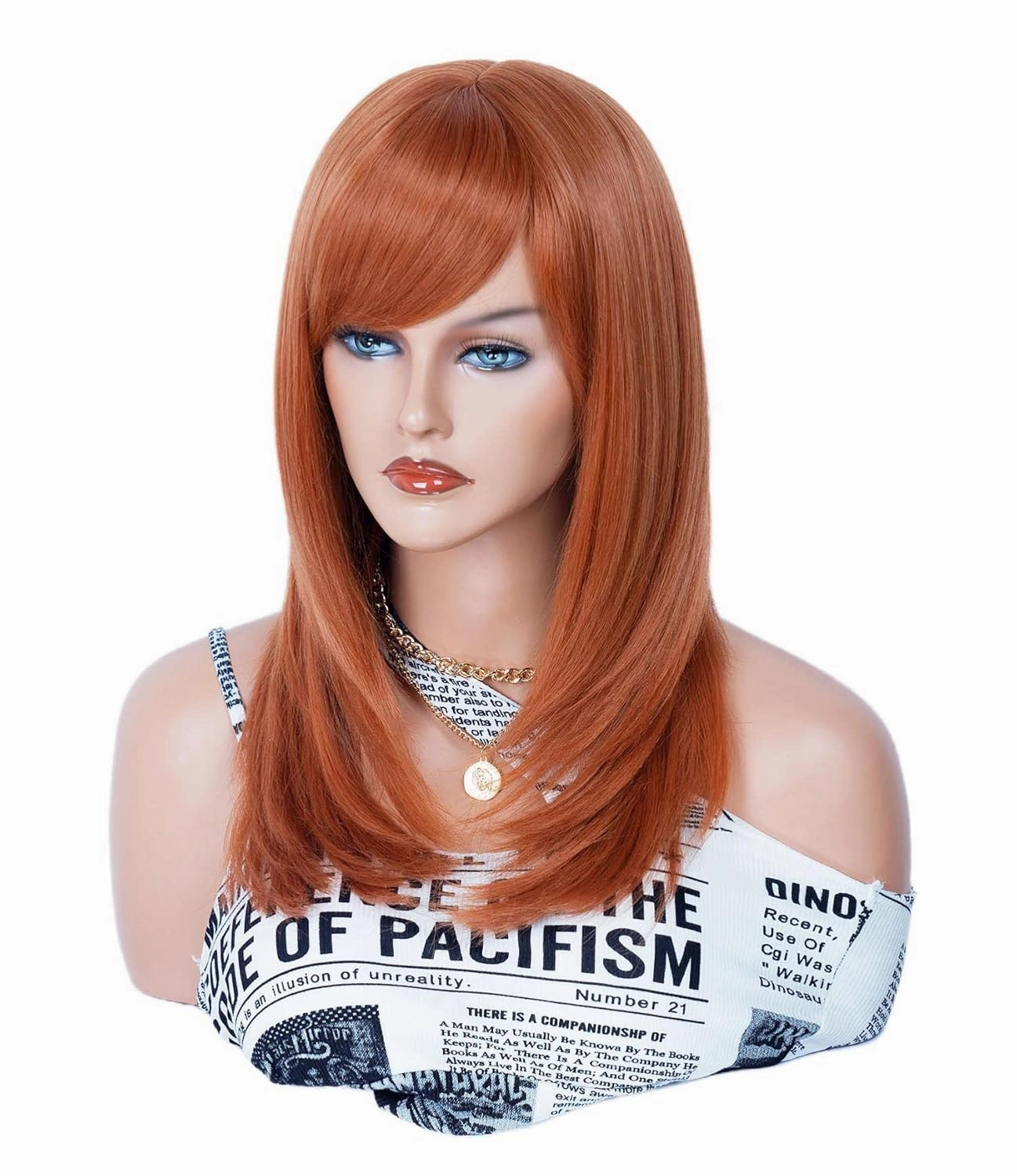 Rugelyss Long Auburn Wig with Bangs Layered Curly Copper Red Wigs for Women Natural Ginger Synthetic Wigs for Daily Use