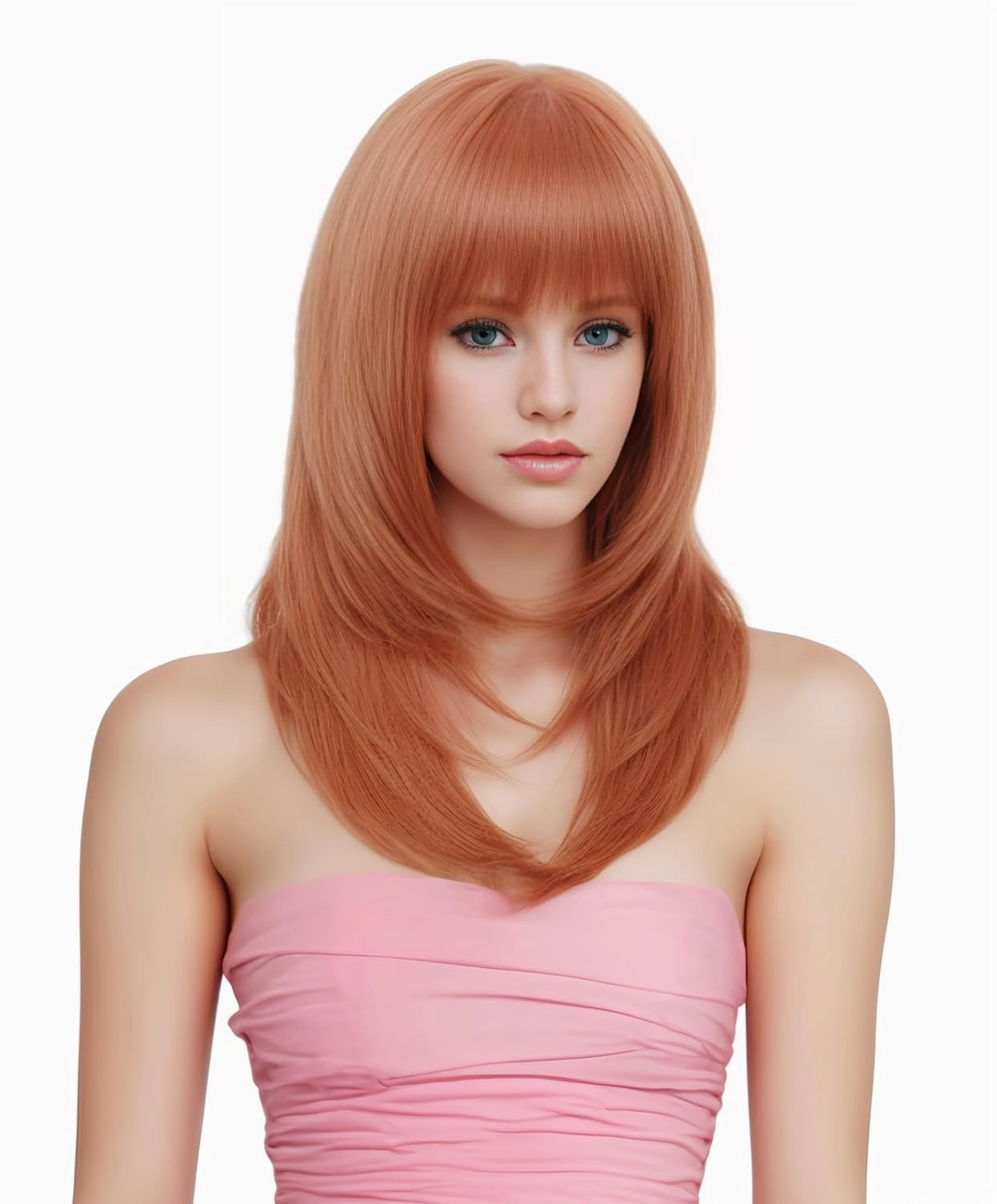 Rugelyss Long Auburn Wig with Bangs Layered Curly Copper Red Wigs for Women Natural Ginger Synthetic Wigs for Daily Use