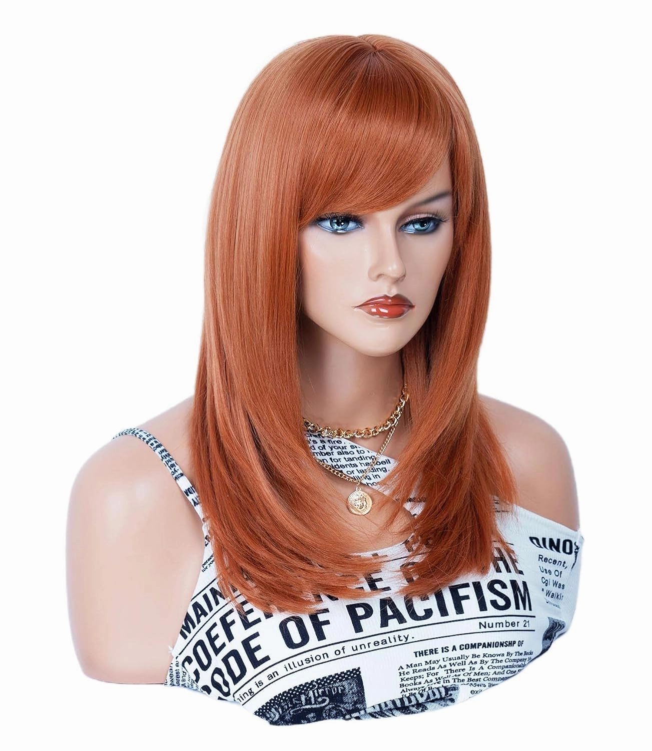 Rugelyss Long Auburn Wig with Bangs Layered Curly Copper Red Wigs for Women Natural Ginger Synthetic Wigs for Daily Use