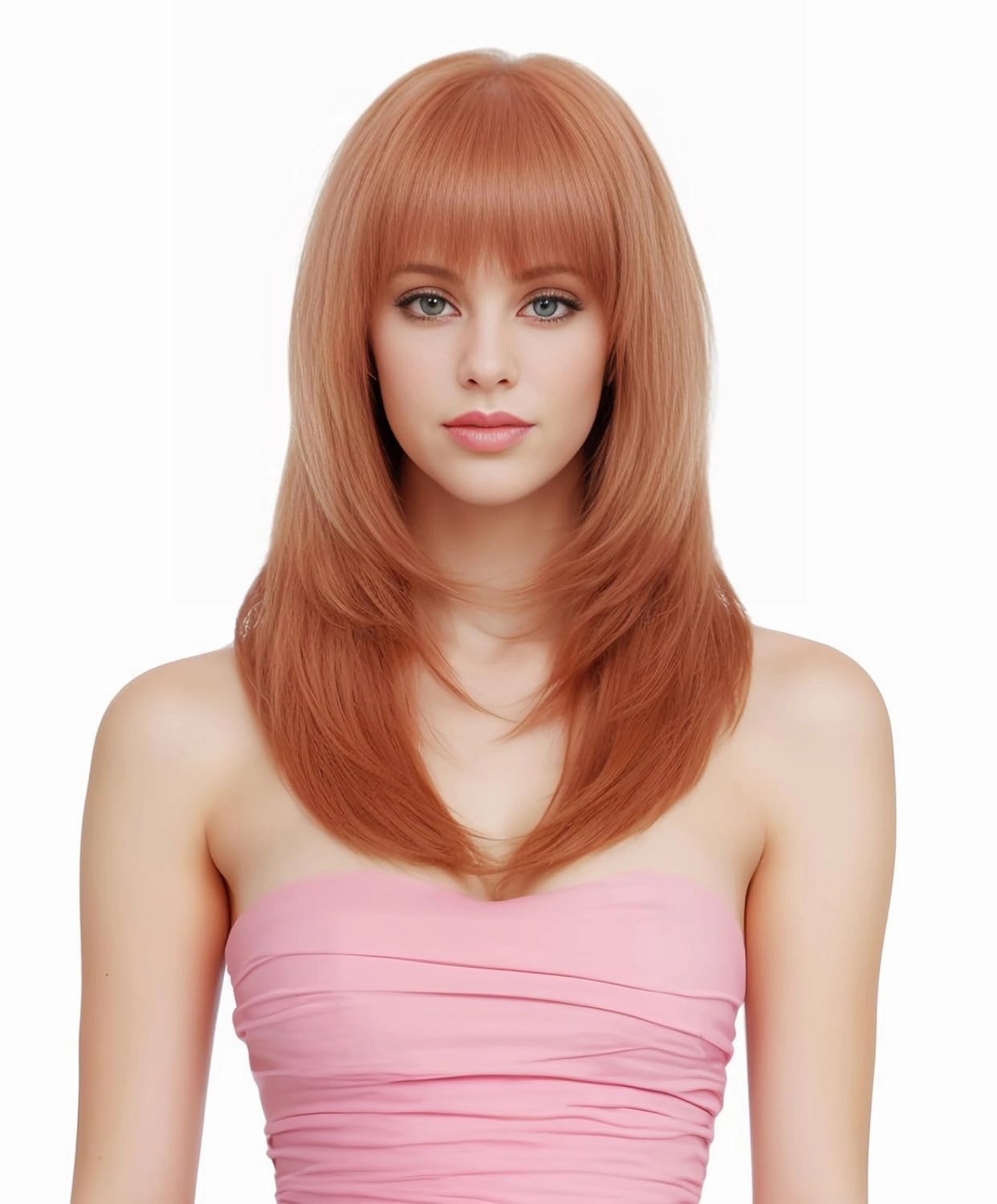 Rugelyss Long Auburn Wig with Bangs Layered Curly Copper Red Wigs for Women Natural Ginger Synthetic Wigs for Daily Use