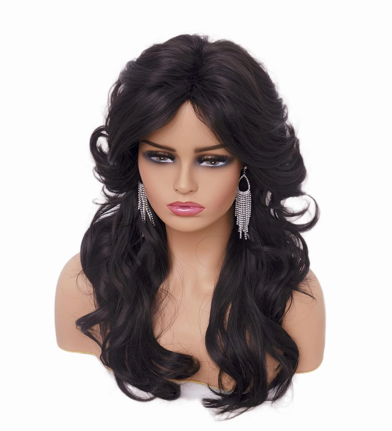 Rugelyss Vintage Wigs Natural Black Wig for Women Lady Layered Synthetic Full Wigs for 70s Cosplay Costume Disco Hair Wig
