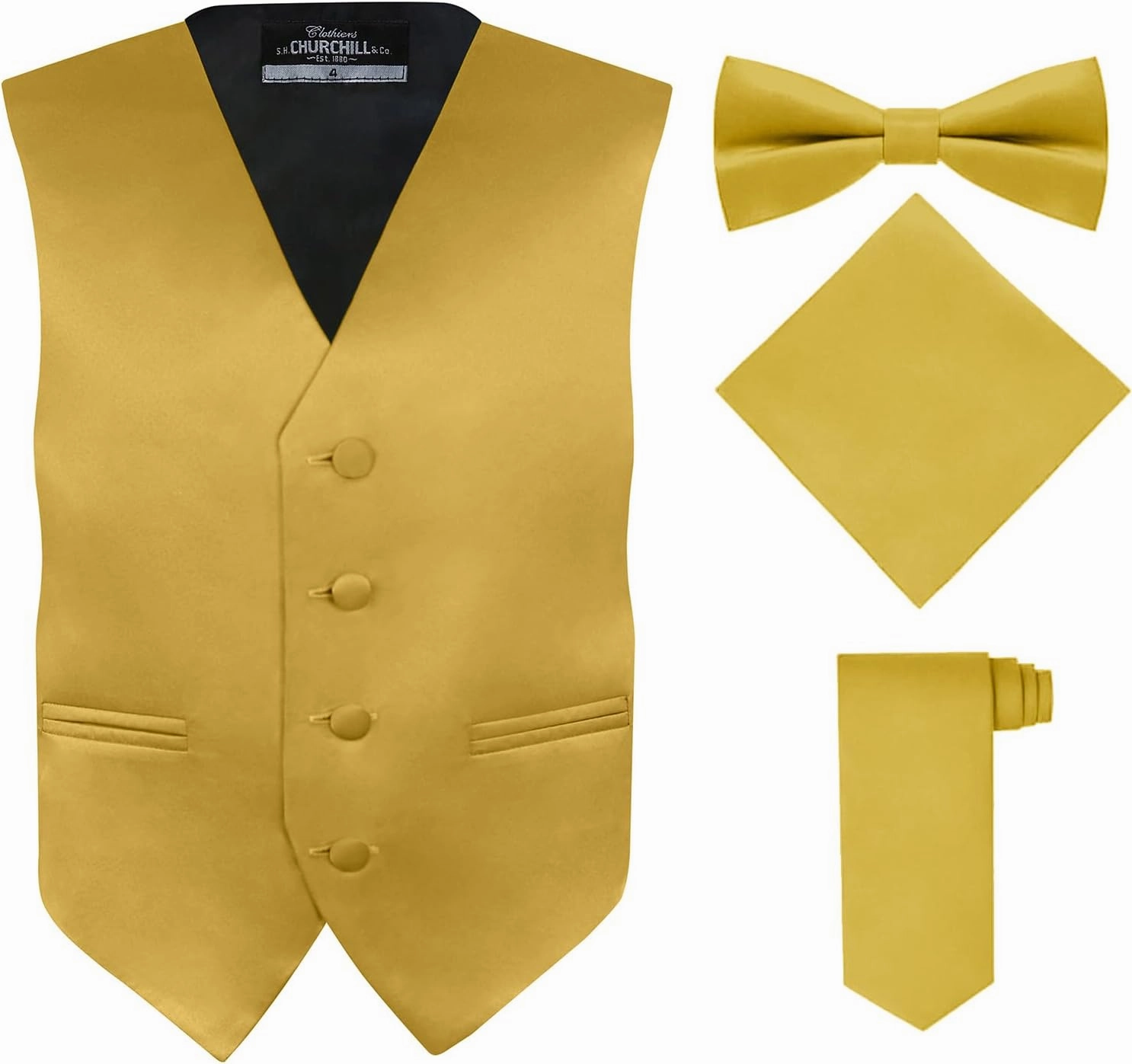 S.H. Churchill & Co. Boy's 4 Piece Vest Set, with Bow Tie, Neck Tie & Pocket Hankie