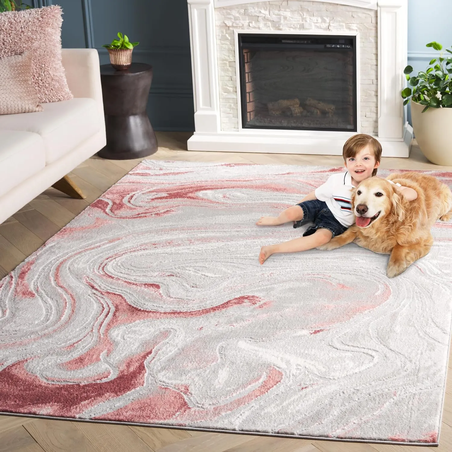 SAFAVIEH Area Rug 8x10 - Meadow Collection - Large - Grey & Pink, Geometric Design, Non-Shedding & Easy Cleaning, Ideal for Living Room, Bedroom, Office, Dining Space (MDW553G)