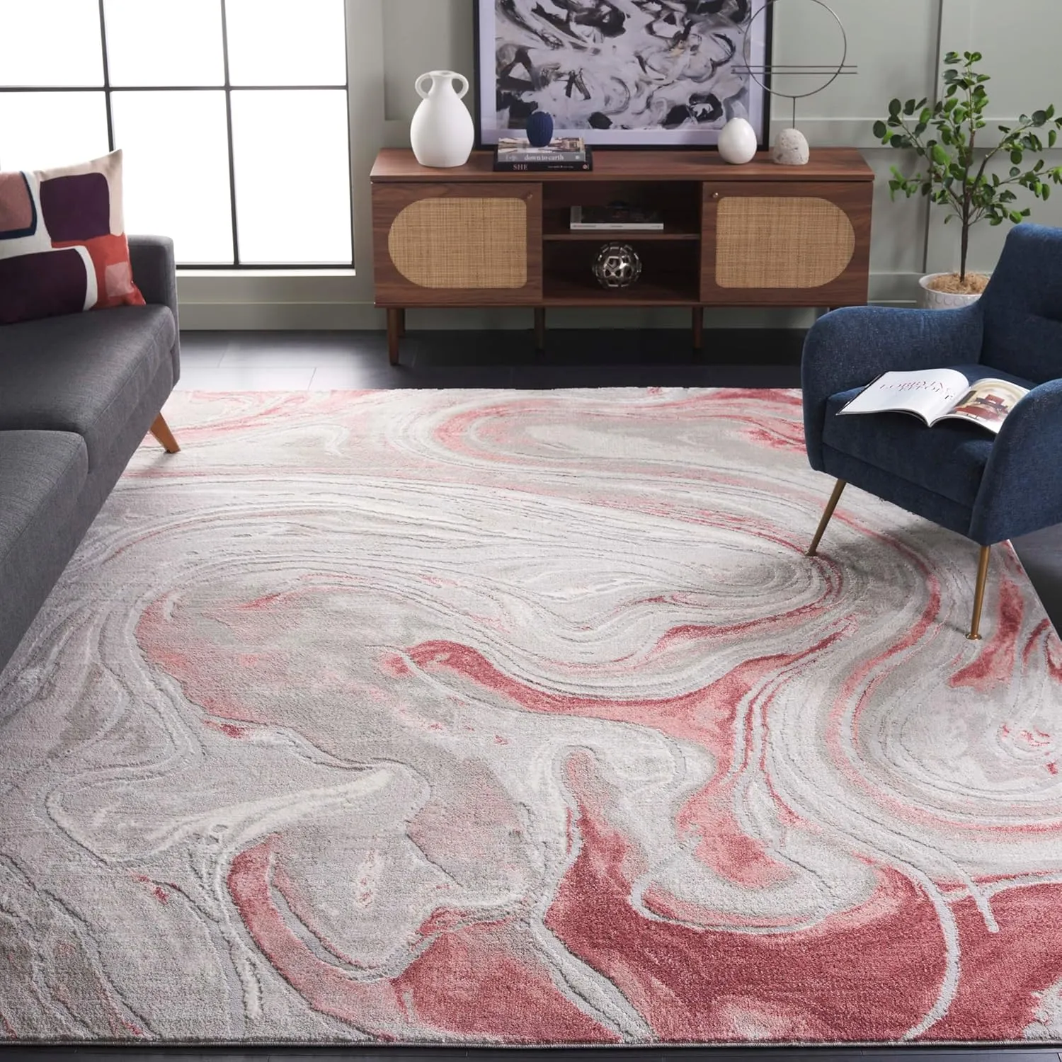 SAFAVIEH Area Rug 8x10 - Meadow Collection - Large - Grey & Pink, Geometric Design, Non-Shedding & Easy Cleaning, Ideal for Living Room, Bedroom, Office, Dining Space (MDW553G)