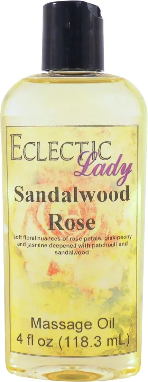 Sandalwood Rose Massage Oil, 4 oz, With Sweet Almond Oil and Jojoba Oil, Preservative Free, Perfect for Aromatherapy and Relaxation