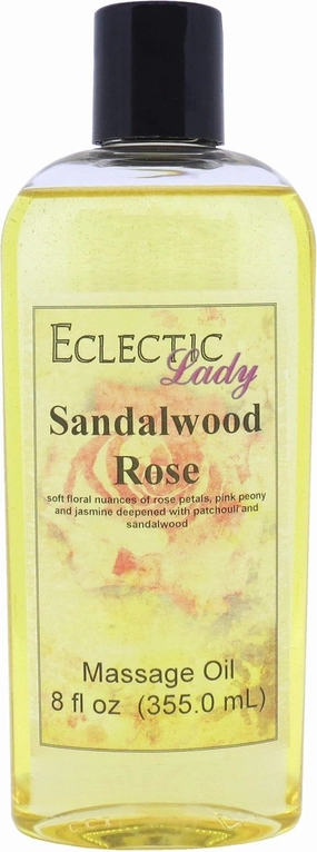 Sandalwood Rose Massage Oil, 8 oz, With Sweet Almond Oil and Jojoba Oil, Preservative Free, Perfect for Aromatherapy and Relaxation