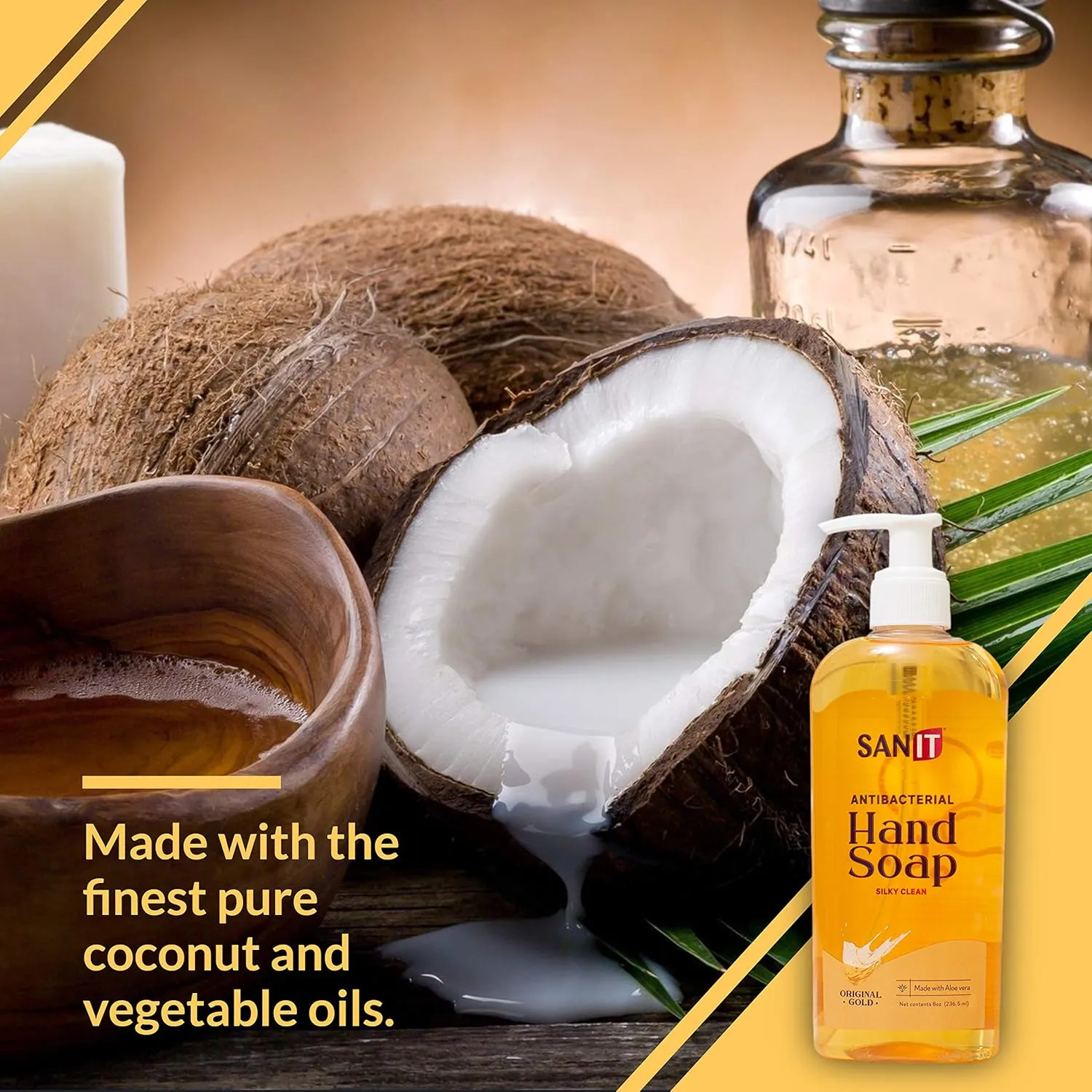 Sanit Silky Clean Antibacterial Liquid Gel Aromatic Hand Soap - Advanced Formula with Coconut Oil and Aloe Vera - Natural Moisturizing Hand Wash - Made in USA, Original Gold, 8 oz, 3 Pack