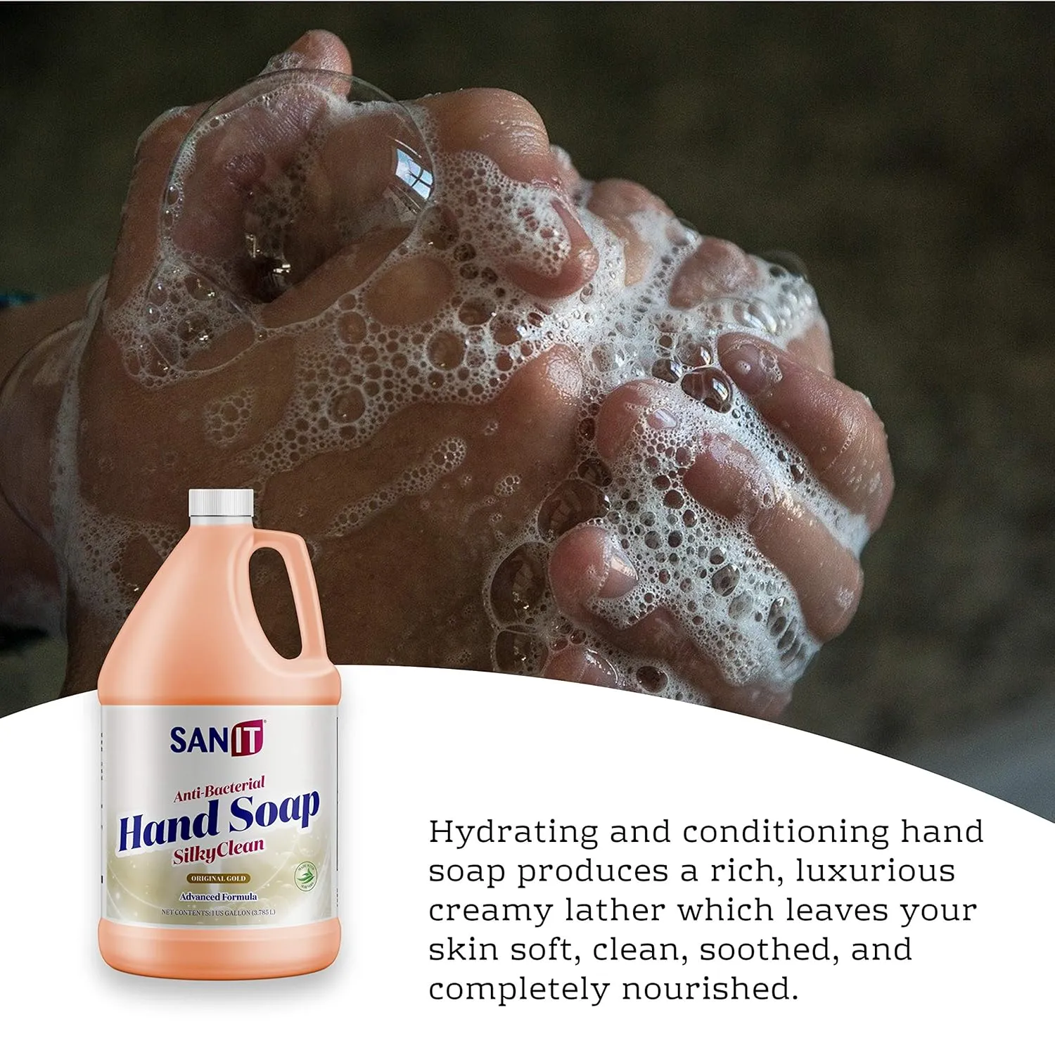 Sanit Silky Clean Antibacterial Liquid Gel Hand Soap Refill - Advanced Formula with Coconut Oil and Aloe Vera - All Natural Moisturizing Hand Wash - Made in USA, Original Gold, 1 Gallon
