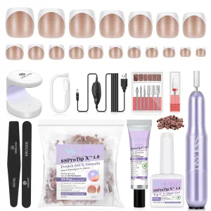SAVILAND Gel Toe Nail Kit: 18 Sizes Nude Women's Press-On Toenails with Drill, 216 Nude Gel Toe Nail Tips, U V Lamp and Nail Glue Gels, Bond Adhesive & Pedicure Tools for Manicure Gift