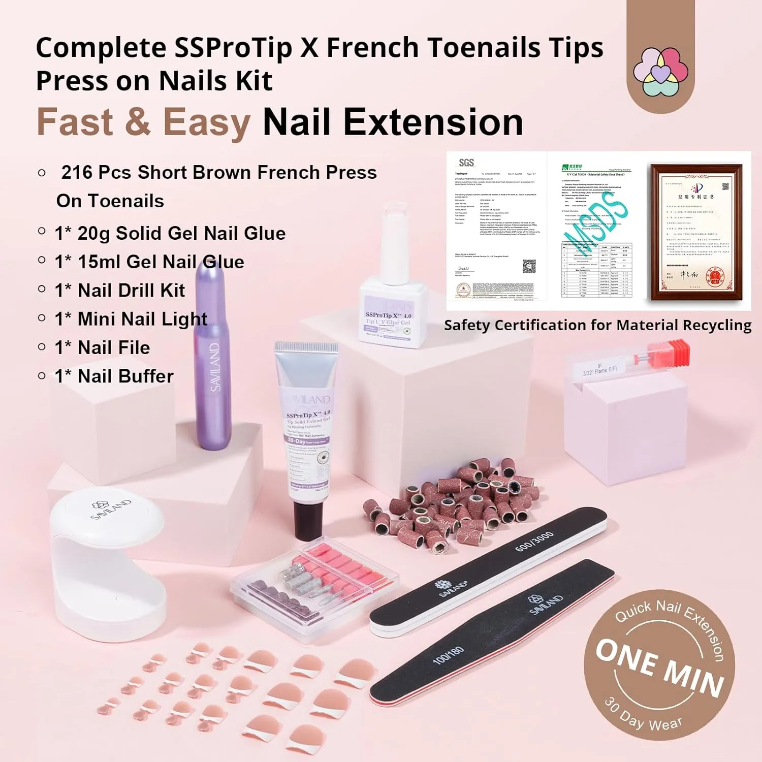 SAVILAND Gel Toe Nail Kit: 18 Sizes Nude Women's Press-On Toenails with Drill, 216 Nude Gel Toe Nail Tips, U V Lamp and Nail Glue Gels, Bond Adhesive & Pedicure Tools for Manicure Gift