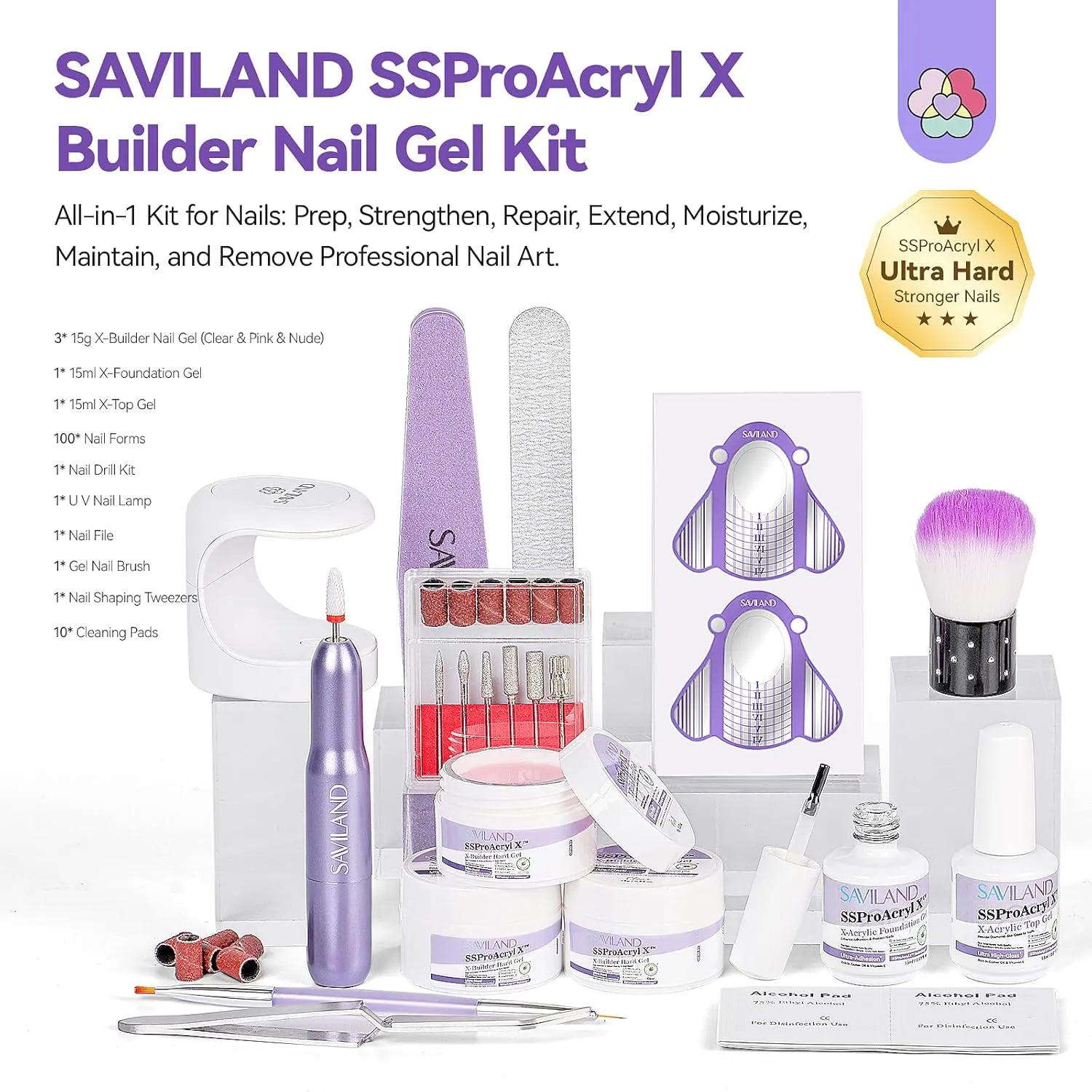 SAVILAND Hard Builder Gel Kit with Nail Drill & UV Lamp: Ultra Clear Pink Poly Gel for Acrylic Extensions, Nail Forms, Rich in Castor Oil & Vitamin E for Home DIY & Salons SSProX