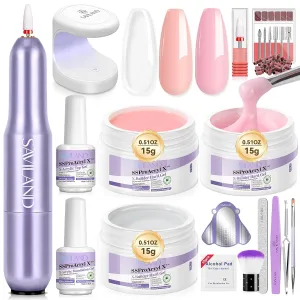 SAVILAND Hard Builder Gel Kit with Nail Drill & UV Lamp: Ultra Clear Pink Poly Gel for Acrylic Extensions, Nail Forms, Rich in Castor Oil & Vitamin E for Home DIY & Salons SSProX