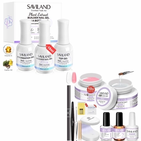 Saviland 15ml Builder Nail Gel In A Bottle Set, 10S Quick-dry Clear Pink Hard Gel Base & Top Gel with Castor Oil & Vitamin E Ingredient Strengthener Extension Repair Nail Art Home Salon