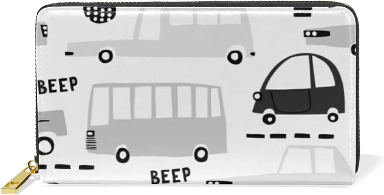 Seamless Black Cartoon Cars, Road Hatches, Zebra Crossing on White Leather Long Wallet Organizer with Zipper Purse Clutch Bag for Women Men