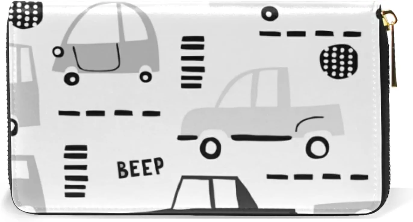 Seamless Black Cartoon Cars, Road Hatches, Zebra Crossing on White Leather Long Wallet Organizer with Zipper Purse Clutch Bag for Women Men