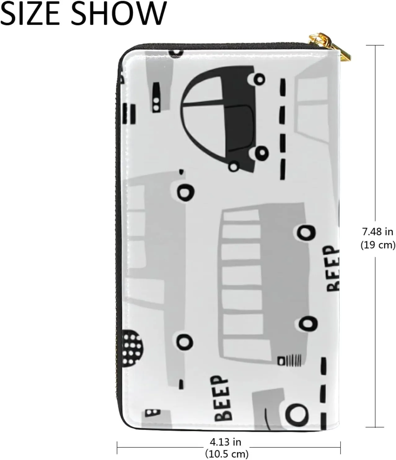Seamless Black Cartoon Cars, Road Hatches, Zebra Crossing on White Leather Long Wallet Organizer with Zipper Purse Clutch Bag for Women Men