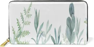 Seamless Turquoise Green Botanical Herbs on White Watercolor Floral Leather Long Wallet Organizer with Zipper Purse Clutch Bag for Women Men Key Card Coin Passport Checkbook