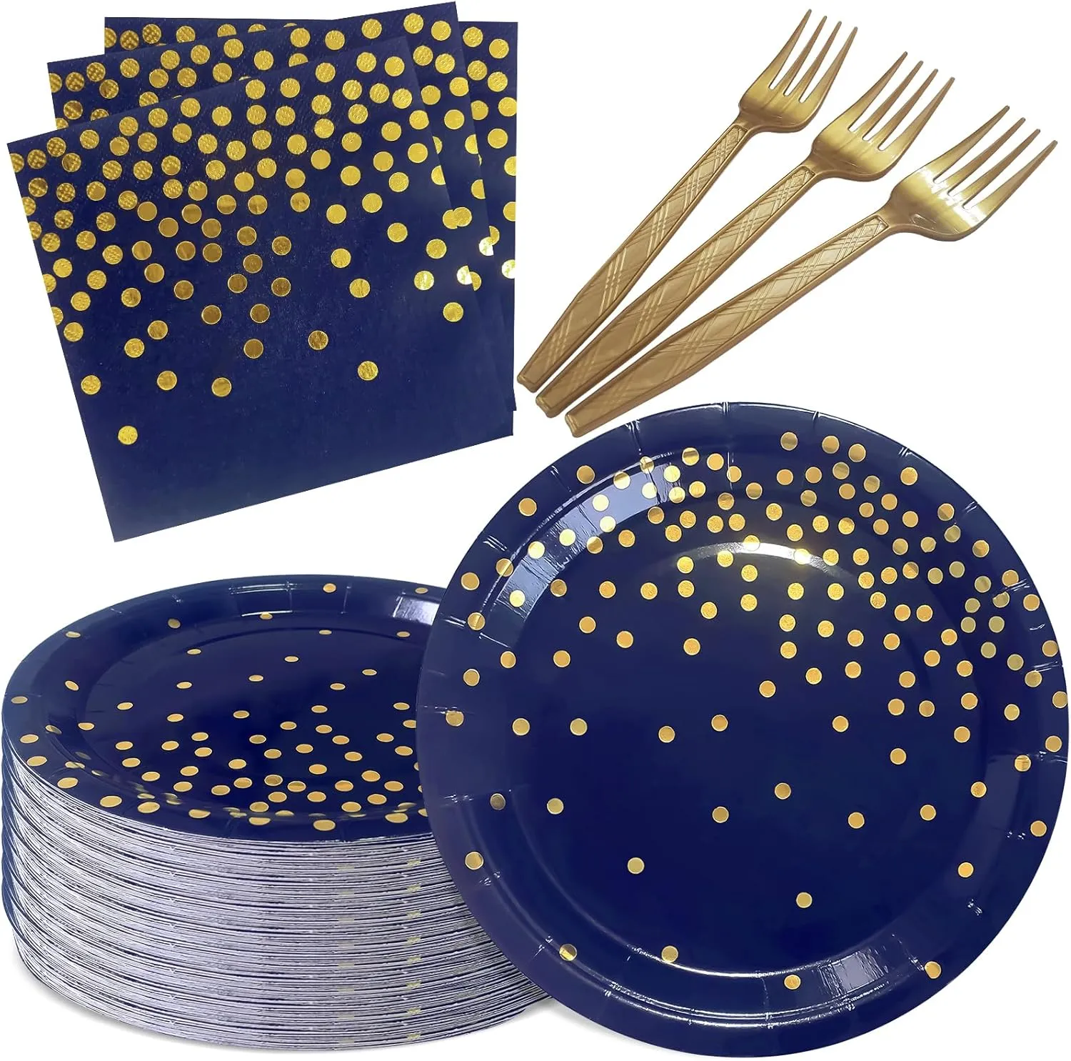 Serve 35 Guests Navy Blue and Gold Party Supplies,7 Inch Blue and Gold Paper Plates and Napkins for Birthday Wedding Retirements Graduation Party