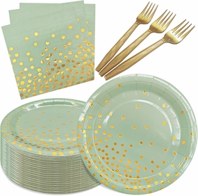 Serve 35 Guests Sage Green and Gold Party Supplies,7 Inch Disposable Sage Green Dessert Paper Plates and Napkins for Wedding Birthday Party