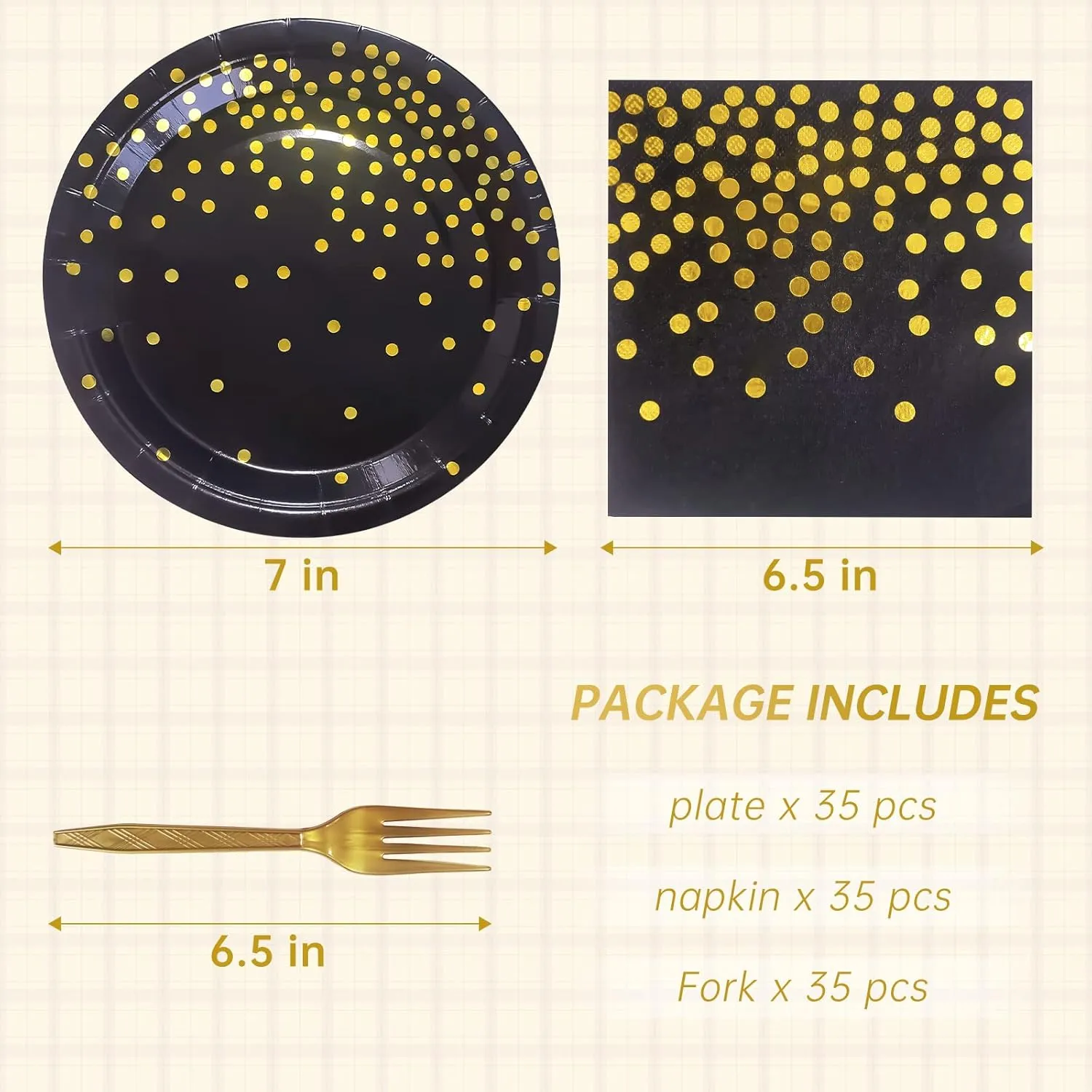 Serves 35 Guests Black and Gold Plates and Napkins Party Supplies,7" Black Paper Plates and Napkins,Disposable Party Dinnerware for Birthday Wedding,Graduation