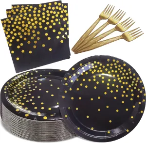 Serves 35 Guests Black and Gold Plates and Napkins Party Supplies,7" Black Paper Plates and Napkins,Disposable Party Dinnerware for Birthday Wedding,Graduation
