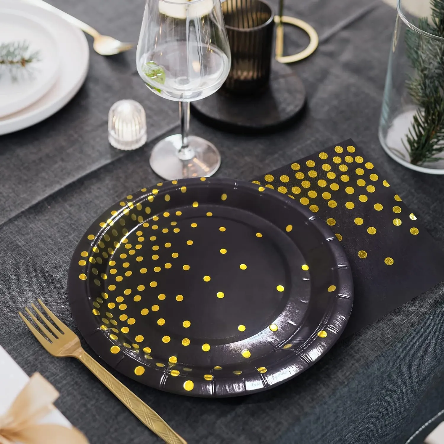 Serves 35 Guests Black and Gold Plates and Napkins Party Supplies,7" Black Paper Plates and Napkins,Disposable Party Dinnerware for Birthday Wedding,Graduation