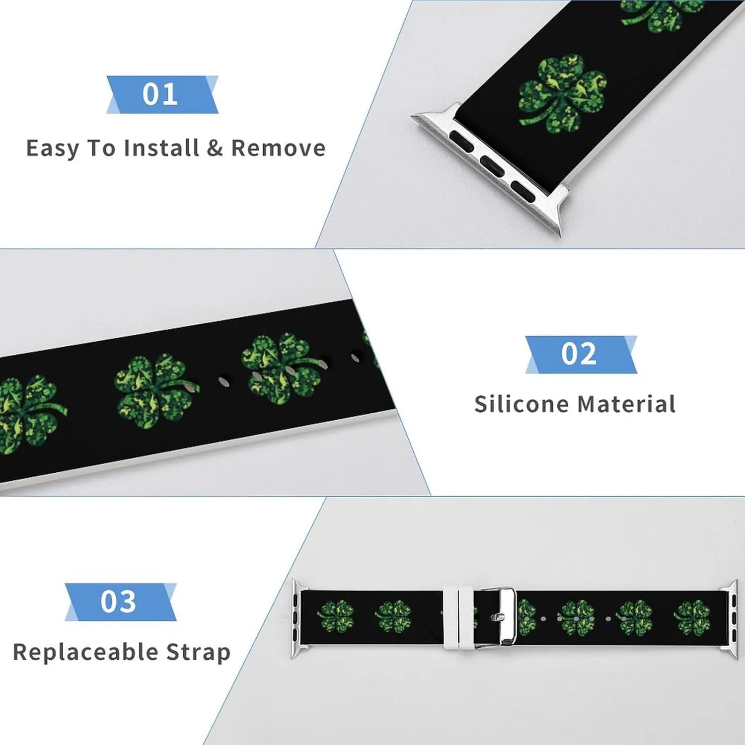 Shamrock with Dinosaurs Adjustable Silicone Watchband Compatible with IWatch Classic Soft Sports Watch Strap for Men Women
