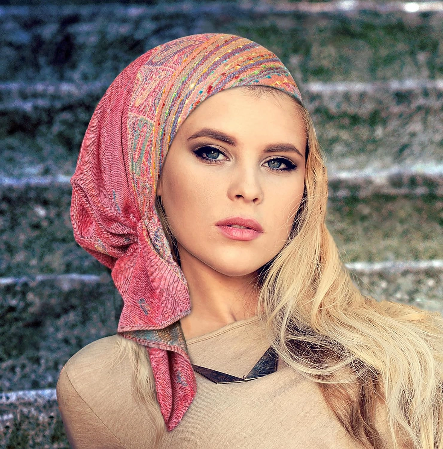 ShariRose Cashmere Headscarf Headwear for Women Tichel Super Soft Headcovering Head cover Head wear Pre tied Bandana Handmade