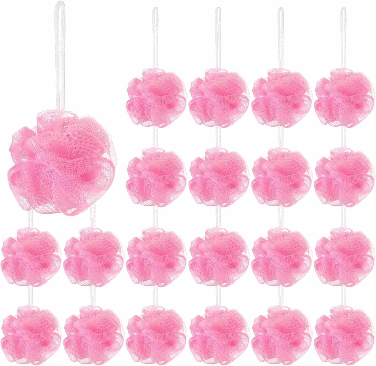 Shellwei 24 Pcs 3 Inch Mini Loofah Travel Size Bulk Shower Sponge Pouf Mesh for Women Kids Men Exfoliating Body Scrubber Baby Shower Favor(Pink)