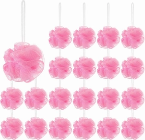 Shellwei 24 Pcs 3 Inch Mini Loofah Travel Size Bulk Shower Sponge Pouf Mesh for Women Kids Men Exfoliating Body Scrubber Baby Shower Favor(Pink)