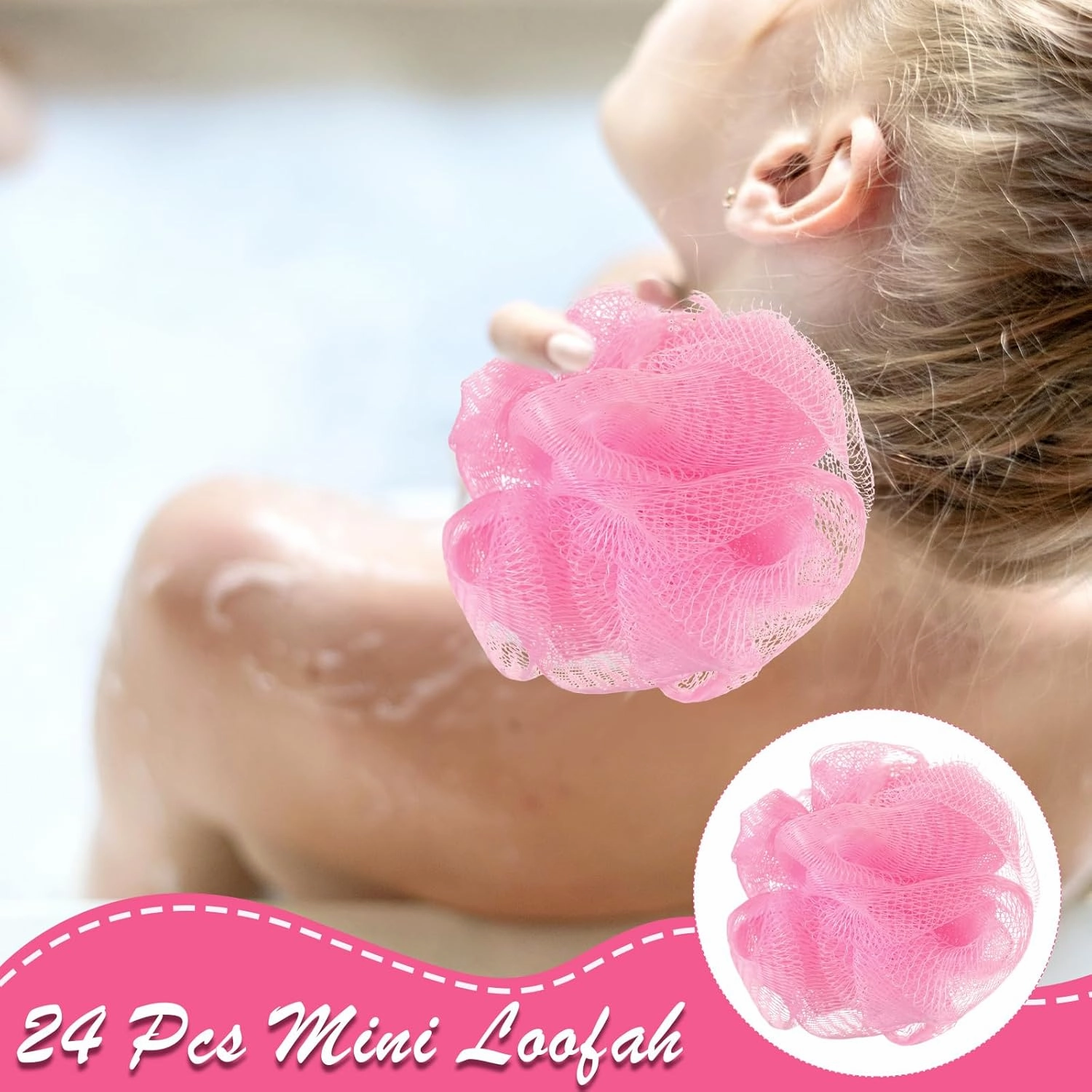 Shellwei 24 Pcs 3 Inch Mini Loofah Travel Size Bulk Shower Sponge Pouf Mesh for Women Kids Men Exfoliating Body Scrubber Baby Shower Favor(Pink)