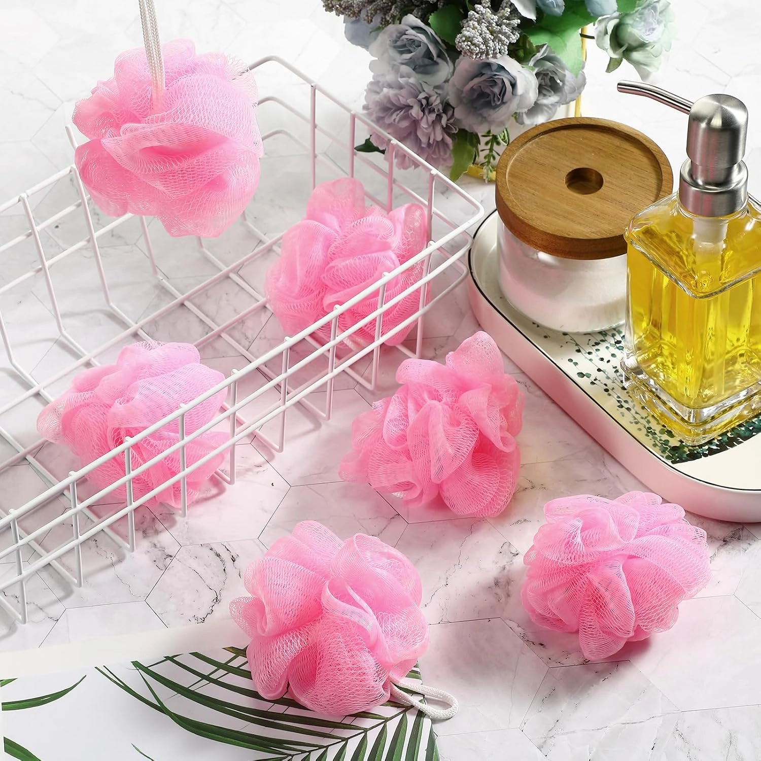 Shellwei 24 Pcs 3 Inch Mini Loofah Travel Size Bulk Shower Sponge Pouf Mesh for Women Kids Men Exfoliating Body Scrubber Baby Shower Favor(Pink)