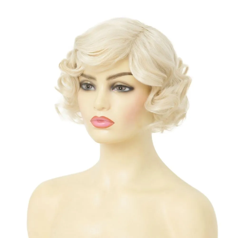 Short Blonde Finger Wave Wig for Women 1920s Curly Synthetic Flapper Wig Heat Resistant Side Part Vintage Cosplay Costume Hair Wigs